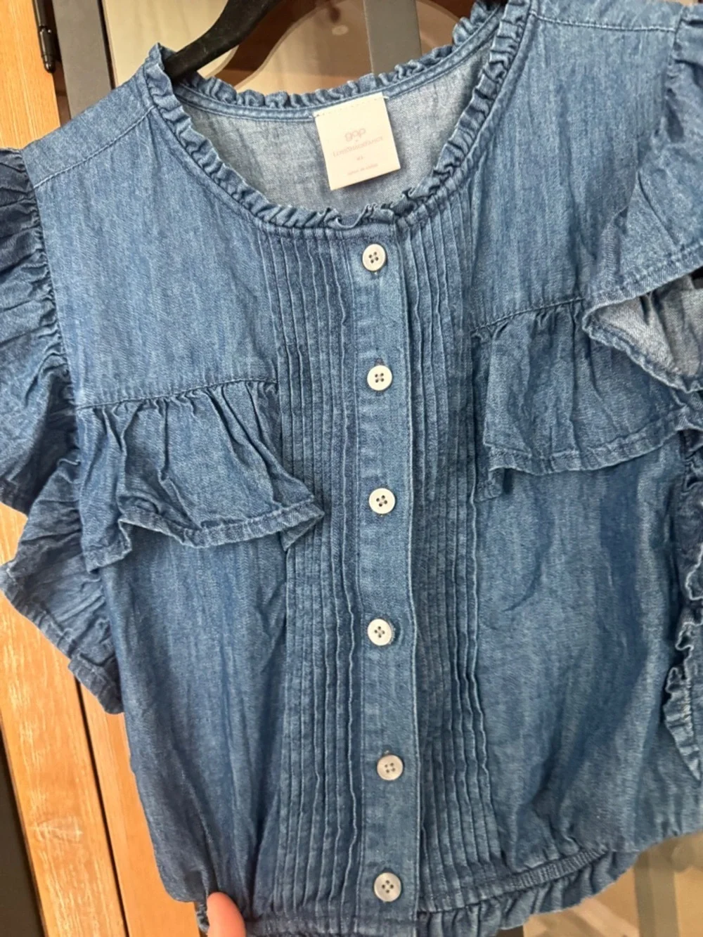 Gap × LoveShackFancy girls Denim Ruffle Button Front Top cropped shirt